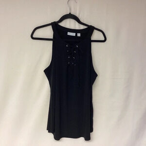 New York & Co top SZ L stretch lace up front black sleeveless multi seasons